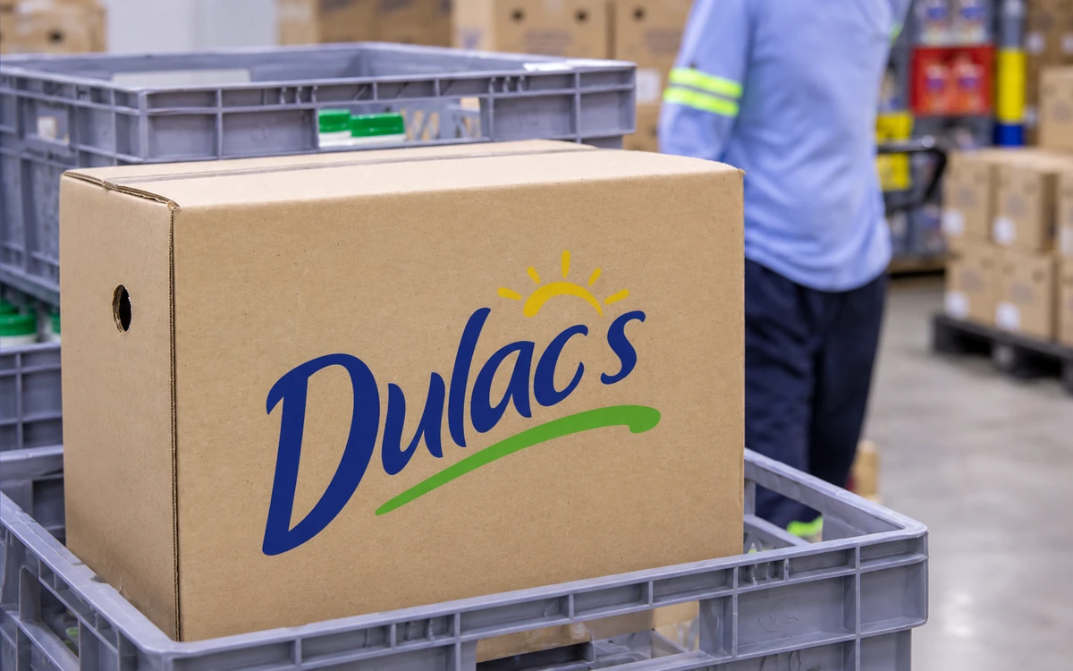 Caja con la marca Dulacs completa en el área de distribución de Inprolac, encuadre ampliado con IA